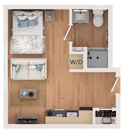 A top-down view of a small apartment with a bed, couch, and kitchenette.